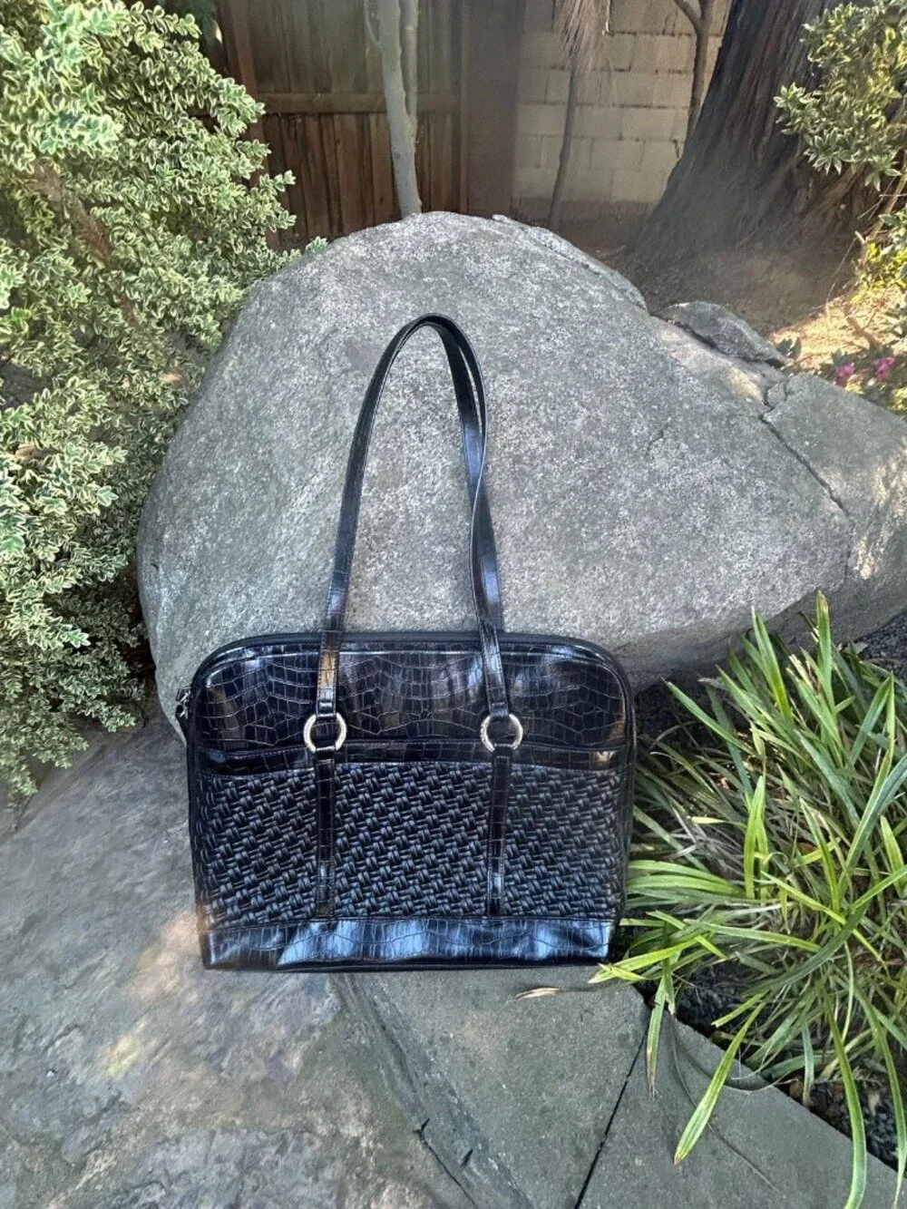 Coldwater Creek Black Hampton Woven Faux Leather Computer Laptop Commuter Bag
